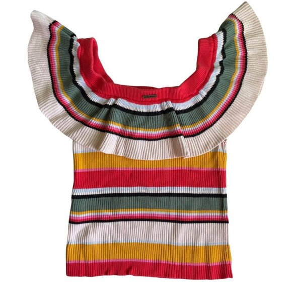 BillaBong Striped Stretch Ruffle Top Size SP - Picture 2 of 7